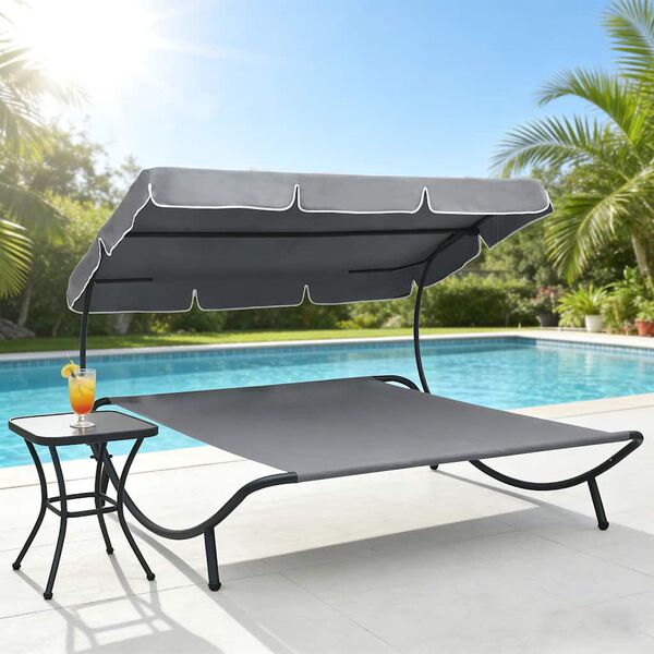 vidaXL Vrtni ležalnik s streho siv