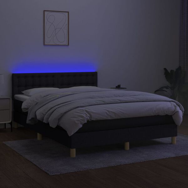 vidaXL Box spring postelja z vzmetnico LED črna 140x200 cm blago