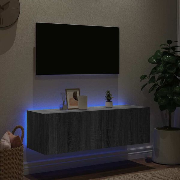 vidaXL Stenska TV omarica z LED lučkami siva sonoma 100x35x31 cm