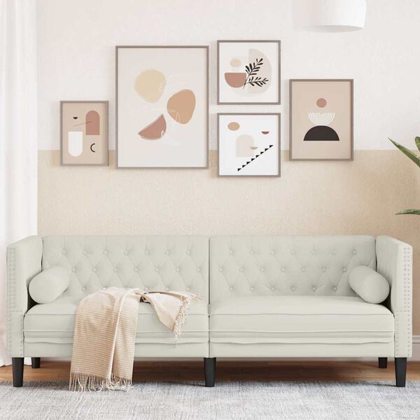 vidaXL Kavč chesterfield z vzglavniki trosed krem žamet