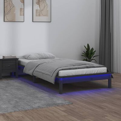 vidaXL LED posteljni okvir siv 90x190 cm trden les