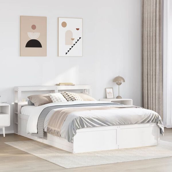 vidaXL Posteljni okvir z vzglavjem bel 120x200 cm trdna borovina