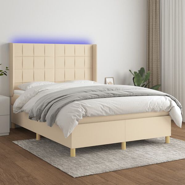 vidaXL Box spring postelja z vzmetnico LED krem 140x190 cm blago