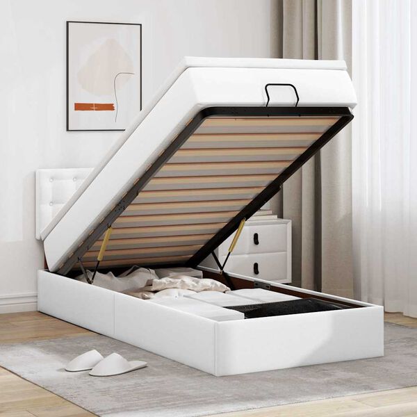 vidaXL Otomanski posteljni okvir z vzmetnico bel 100x200 cm um. usnje