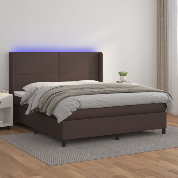 vidaXL Box spring postelja vzmetnico LED rjava 180x200 cm umetno usnje