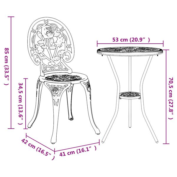 vidaXL Vrtnik Bistro Set 3 pcs Bronasta Aluminij