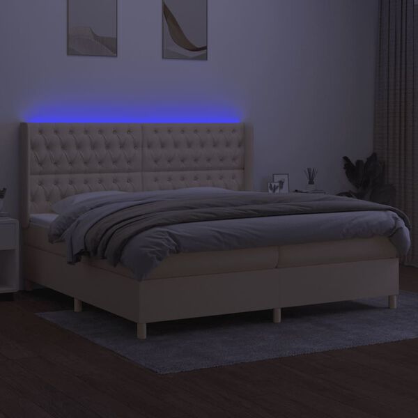 vidaXL Box spring postelja z vzmetnico LED krem 200x200 cm blago