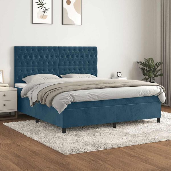 vidaXL Box spring postelja z vzmetnico temno modra 180x200 cm žamet