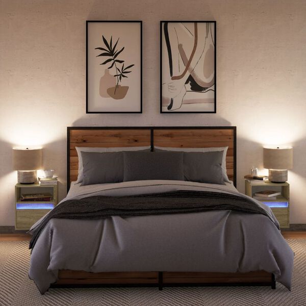 vidaXL Stenska nočna omarica z LED lučkami 2 kosa sonoma hrast