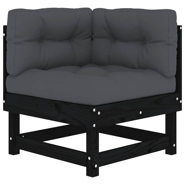 vidaXL Kotni kavč z blazinami črna trdna borovina