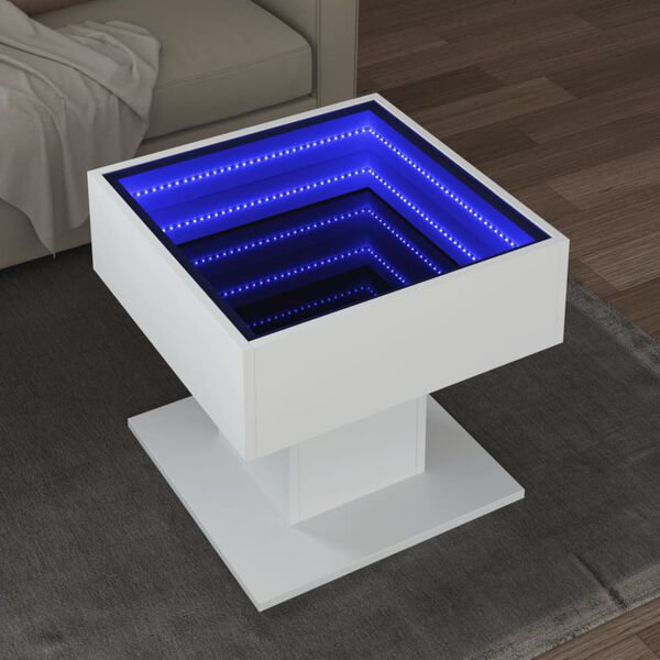 vidaXL Klubska mizica LED bela 50x50x45 cm inženirski les