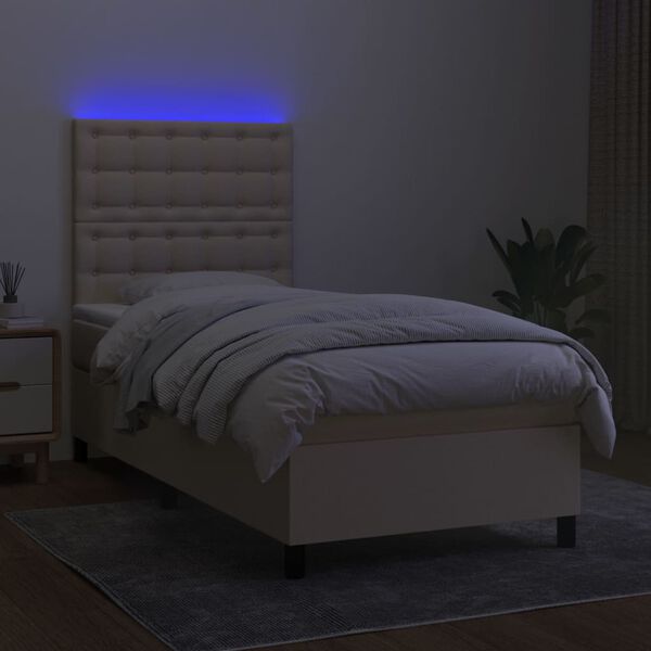 vidaXL Box spring postelja z vzmetnico LED krem 90x190 cm blago