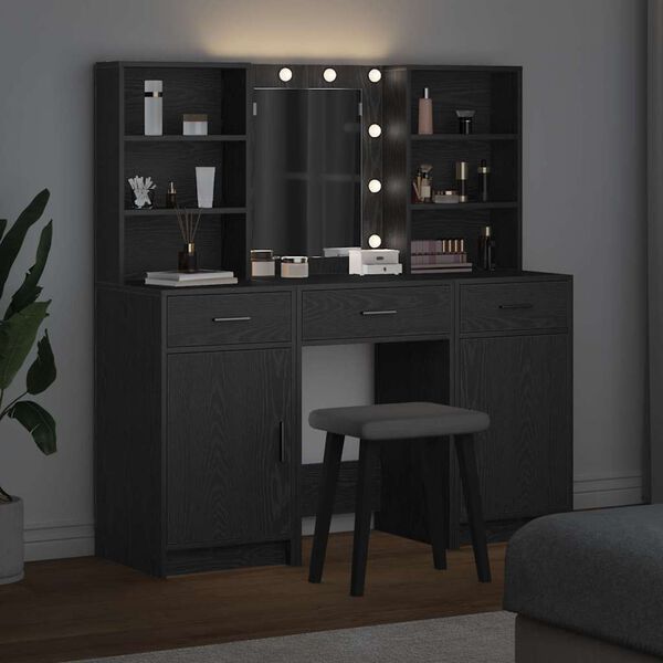 vidaXL Komplet mize za ličenje z LED s predalom 3 pcs Črna Orehovina