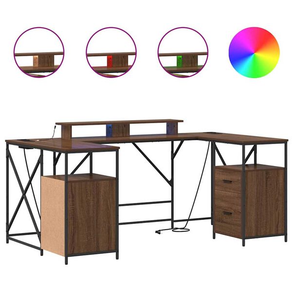 vidaXL Miza z LED lučmi Rjav hrast 182 x 101 x 87,5 cm Konstruiran les