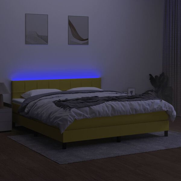 vidaXL Box spring postelja z vzmetnico LED zelena 160x200 cm blago