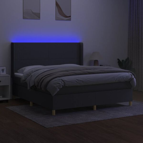 vidaXL Box spring postelja z vzmetnico LED temno siva 160x200 cm blago