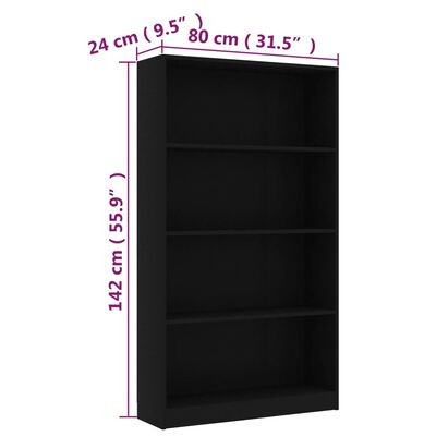 vidaXL Knjižna omara 4-nadstropna črna 80x24x142 cm iverna plošča