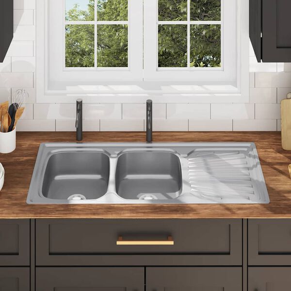 vidaXL Kuhinjsko pomivalno korito dvojno s cedilom in sifonom jeklo