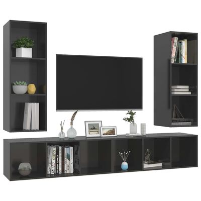 vidaXL Stenska TV omarica 4 kosi visok sijaj sive barve iverna plošča