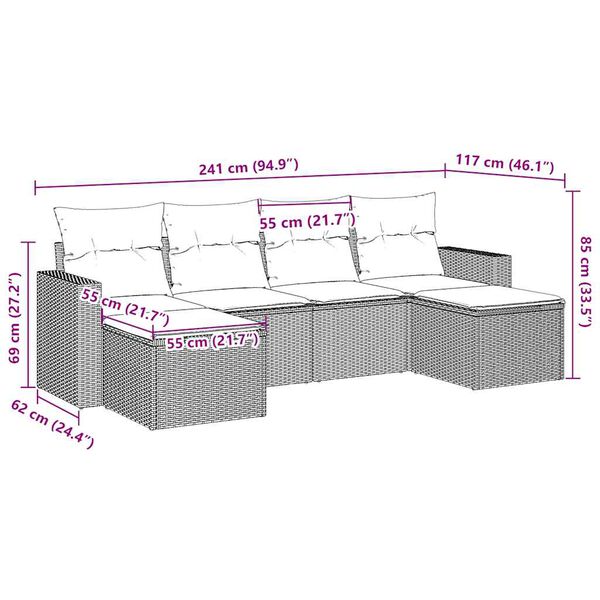 vidaXL Vrtna sedežna garnitura 6-delna z blazinami rjav poli ratan