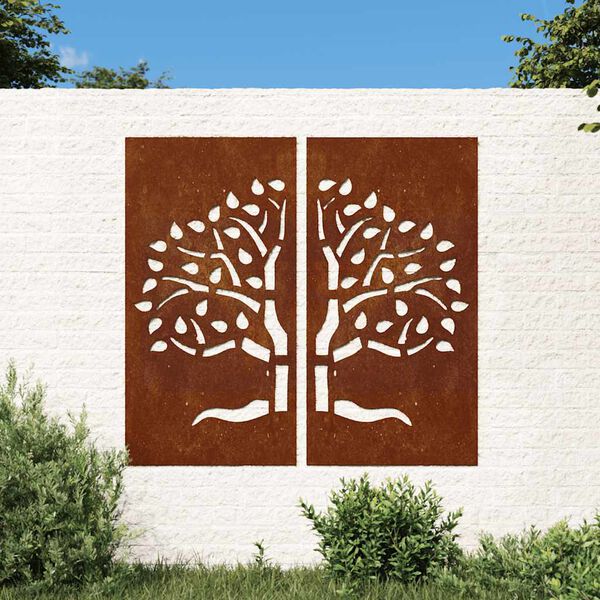 vidaXL Vrtna stenska dekoracija 2 kosa 105x55 cm corten jeklo drevo