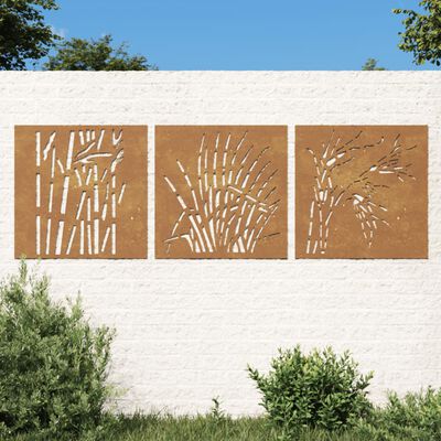 vidaXL Vrtne stenske dekoracije 3 kosi 55x55 cm corten jeklo trava