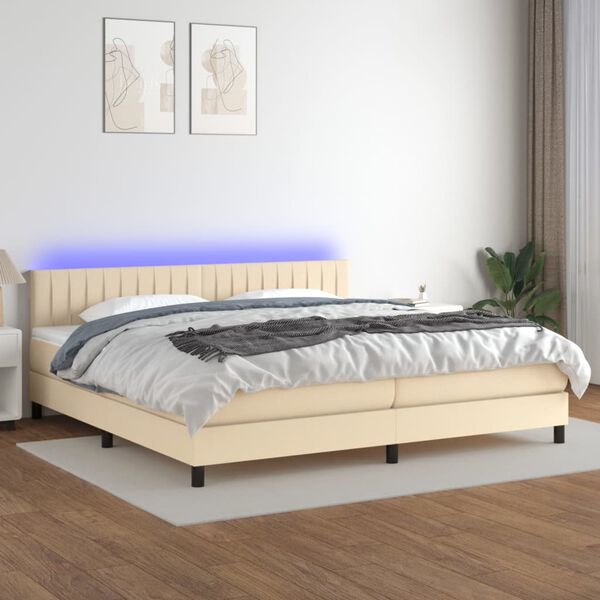 vidaXL Box spring postelja z vzmetnico LED krem 200x200 cm blago