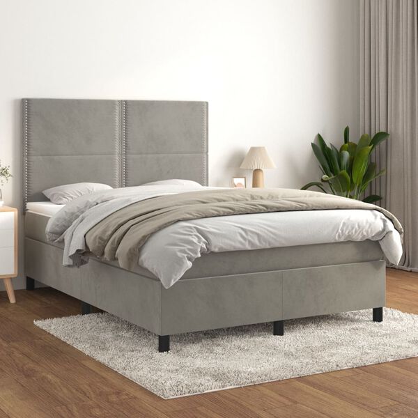 vidaXL Box spring postelja z vzmetnico svetlo siv 140x190 cm žamet