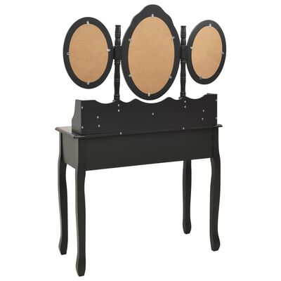 vidaXL Mizica za ličenje s stolčkom in tridelnim ogledalom črna