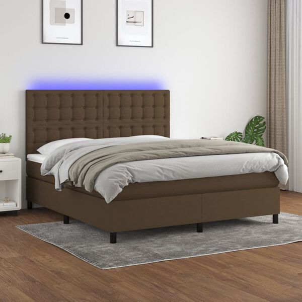 vidaXL Box spring postelja z vzmetnico LED temno rjava 180x200cm blago