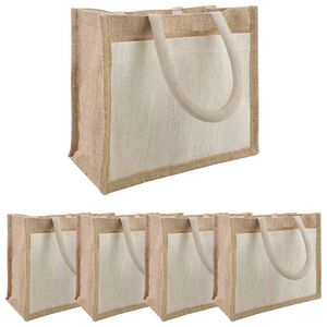 vidaXL Jutene torbe z žepom 5 Naravna in bela 26 x 22 x 14 cm