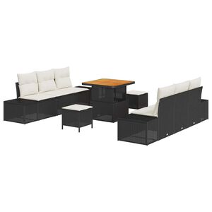 vidaXL Vrtna sedežna garnitura z blazino 9 pcs Črna Poly ratan