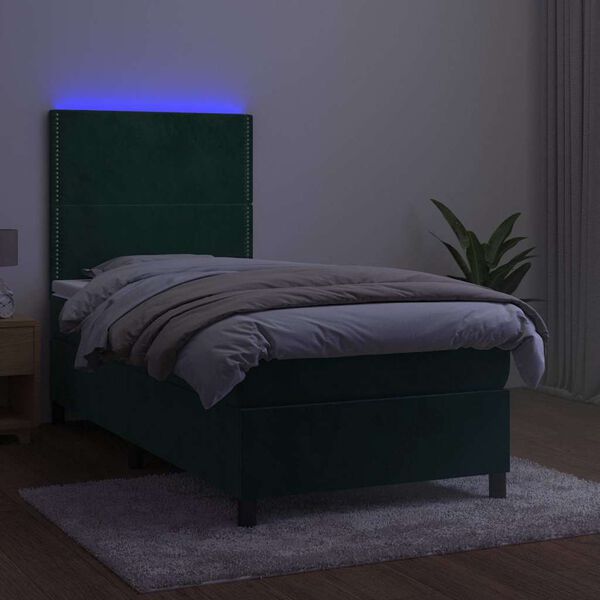 vidaXL Box spring postelja z vzmetnico LED tem. zelena 90x190 cm žamet