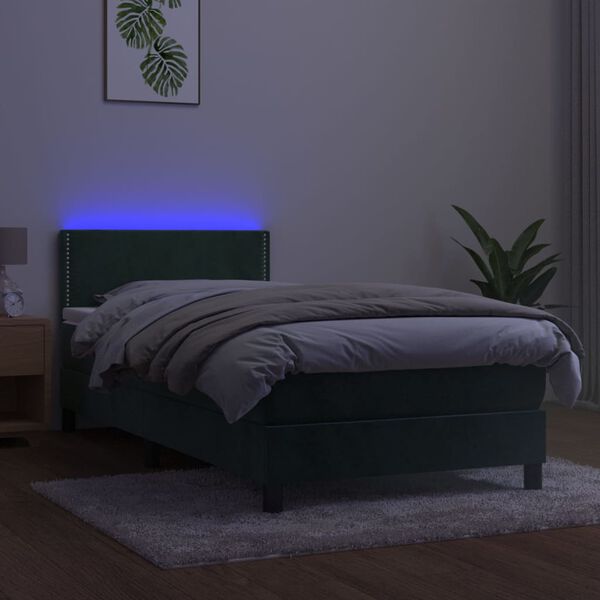 vidaXL Box spring postelja z vzmetnico LED tem. zelena 100x200cm žamet