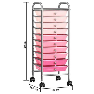 vidaXL Premični voziček z 10 predali ombre roza plastika