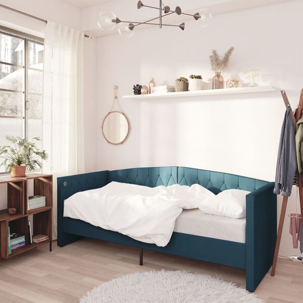 vidaXL Dnevna postelja z vzmetnico USB moder žamet 90x200 cm