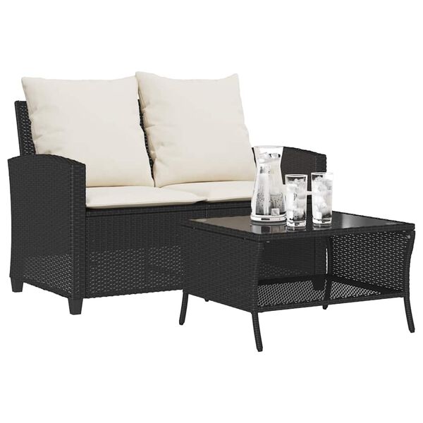 vidaXL Garden Sofa 2-sedežnik z blazinami&Table Black Poly Rattan