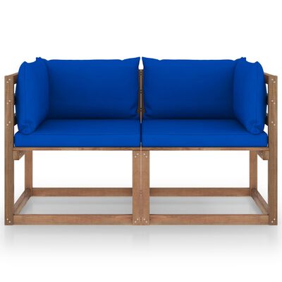vidaXL Vrtni kavč dvosed iz palet z modrimi blazinami borovina