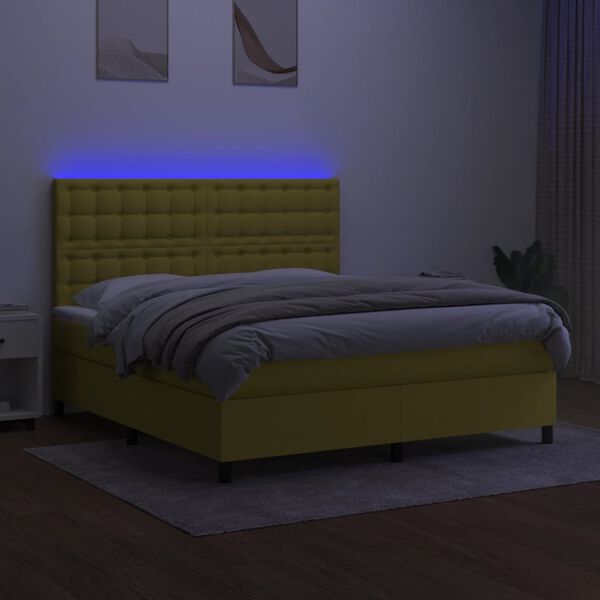 vidaXL Box spring postelja z vzmetnico LED zelena 160x200 cm blago