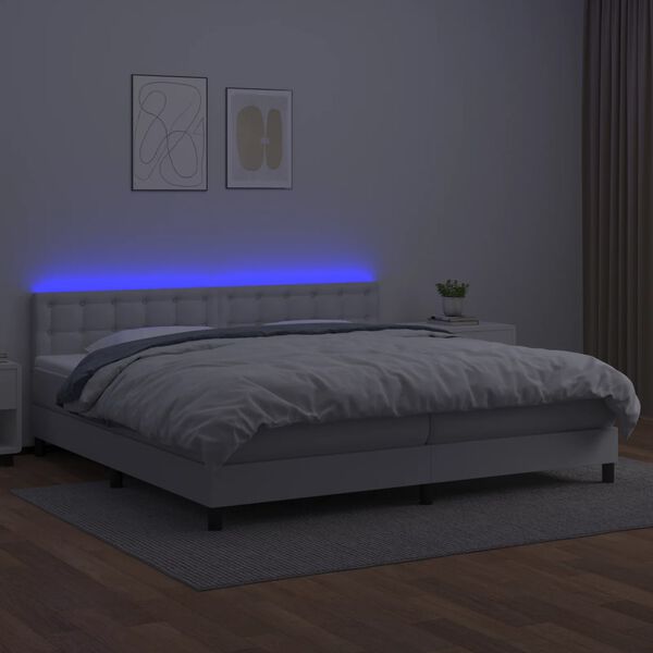 vidaXL Box spring postelja z vzmetnico LED bela 200x200cm umetno usnje