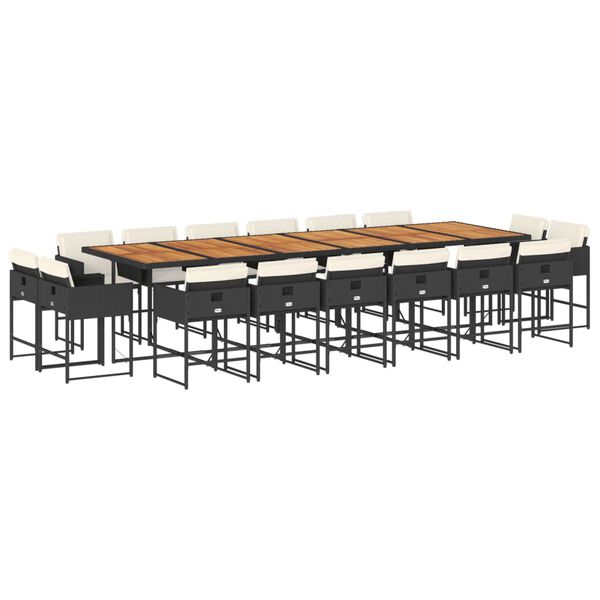 vidaXL Vrtna jedilna garnitura z blazinami 17-delna črn poli ratan