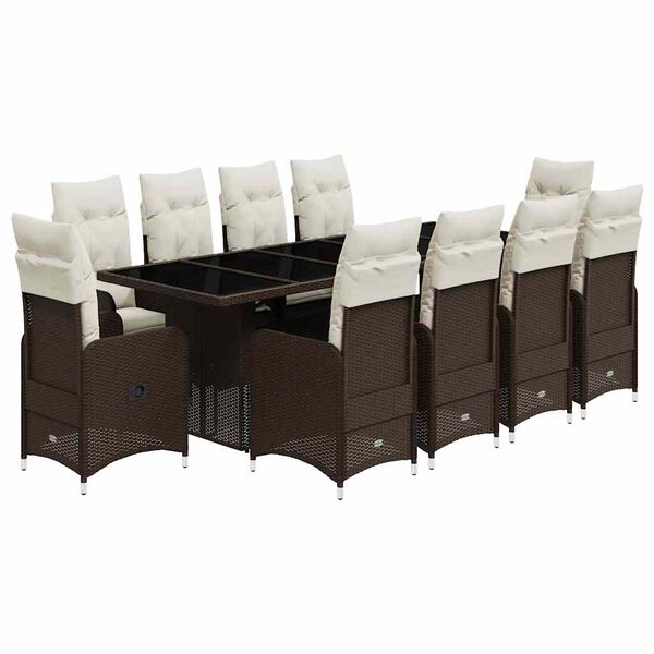 vidaXL Vrtna bistro garnitura 11-delna z blazinami rjav poli ratan