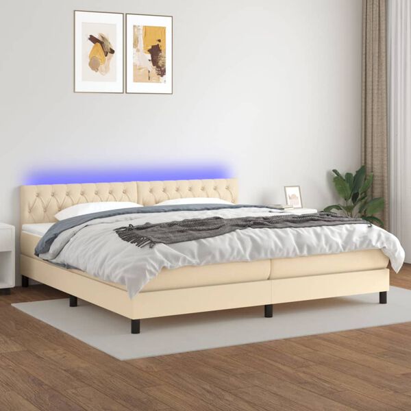 vidaXL Box spring postelja z vzmetnico LED krem 200x200 cm blago