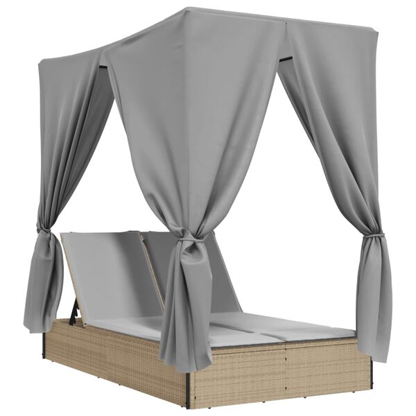 vidaXL Dvojni ležalnik s streho in zavesami bež poli ratan