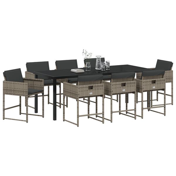 vidaXL Komplet za jedilnico v vrtu z blazino 9 pcs Siva poli ratan