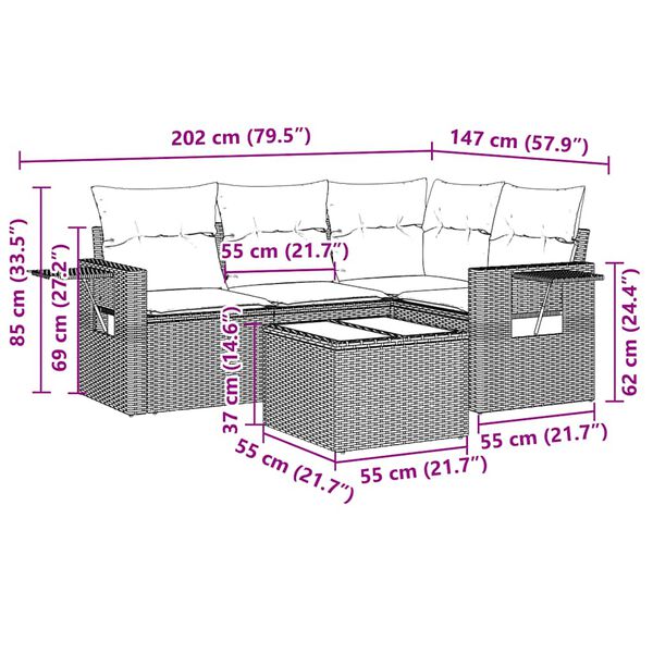 vidaXL Vrtna sedežna garnitura 5-delna z blazinami siv poli ratan