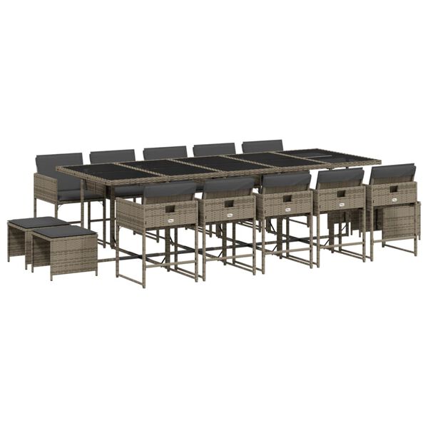 vidaXL Vrtna jedilna garnitura 15-delna z blazinami siv poli ratan