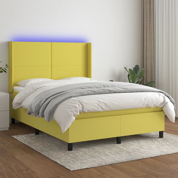 vidaXL Box spring postelja z vzmetnico LED zelena 140x200 cm blago