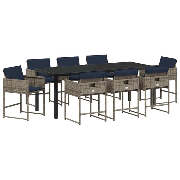 vidaXL Komplet za jedilnico v vrtu z blazino 9 pcs Siva poli ratan