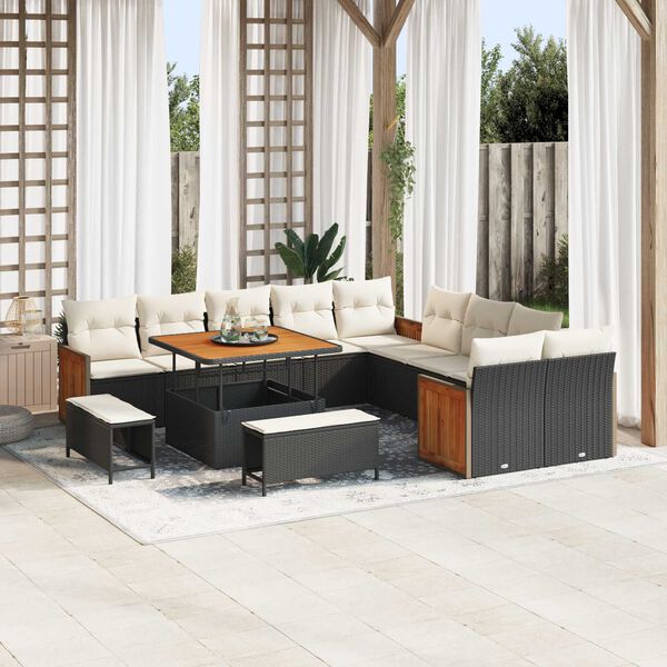 vidaXL Vrtna sedežna garnitura 13 pcs Črna in krem poli ratan